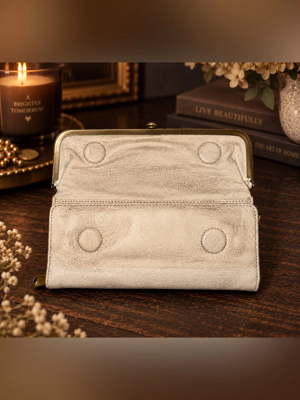 HOBO International Cream Distressed Leather Frame Organizer Wallet Clutch